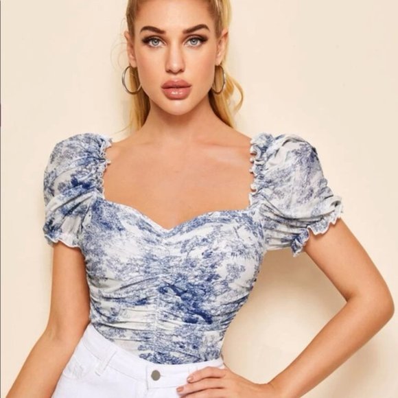 NWOT Blue and White landscape print milkmaid top - Picture 2 of 4